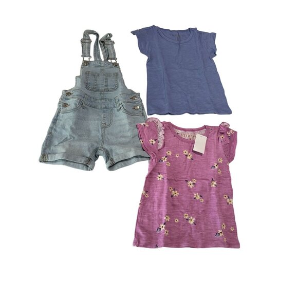 Vigoss Girls 3-Piece Set Size M Blue Tee Pink Floral Top Denim Overalls - Picture 1 of 6